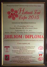 Диплом за участие в выставке Новый Год Expo 2015 год, Москва